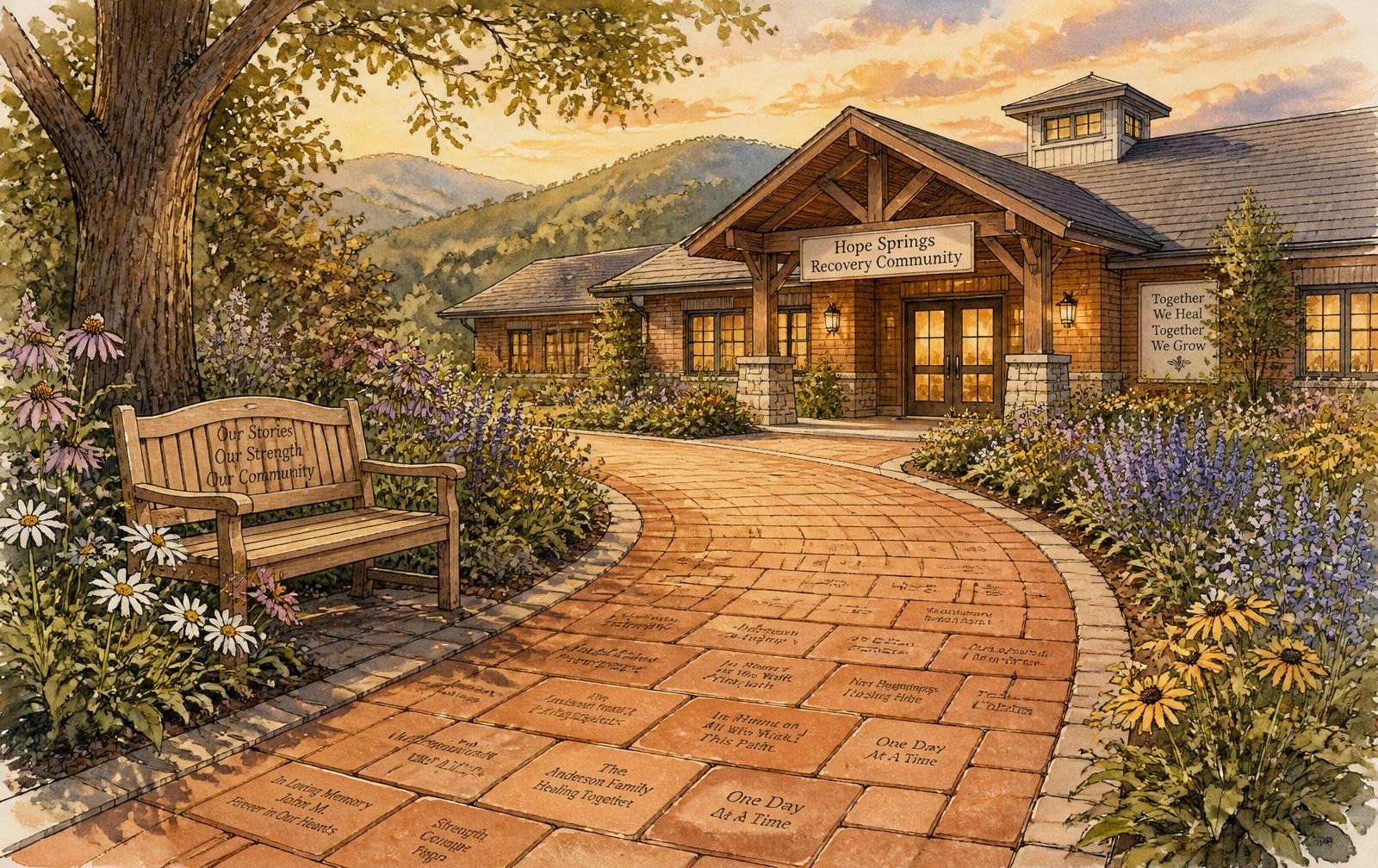 Artist's rendering of the Path of Hope — a curved brick walkway of engraved memorial bricks leading to the community center entrance, lined with wildflowers, a wooden bench under a shade tree, and Appalachian mountains at sunset.