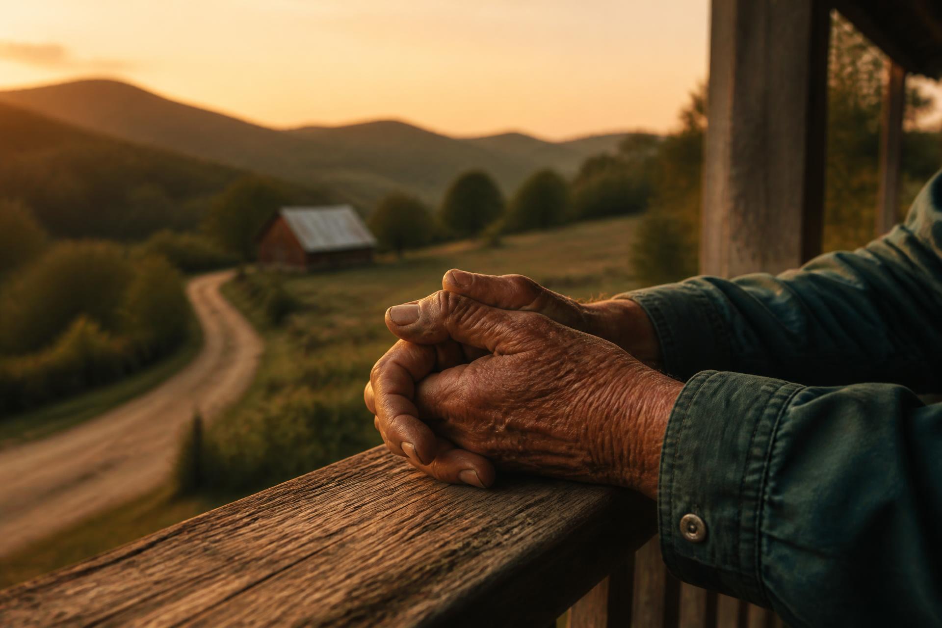 Hands clasped over a porch railing at sunrise in the Appalachian countryside
