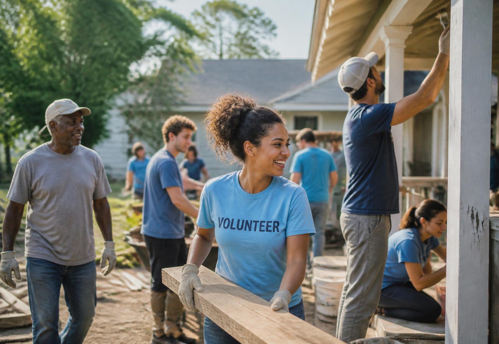 Volunteers building together on a rural community porch