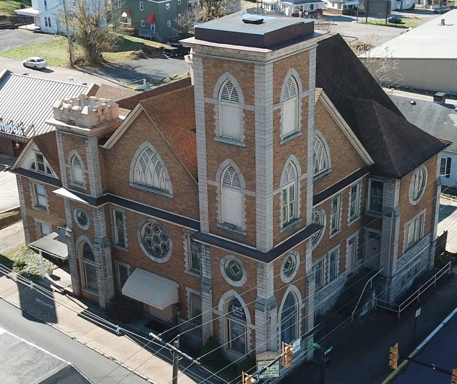 Aerial view of the 1906 church on the corner of S. Chestnut and W. Pike in Clarksburg