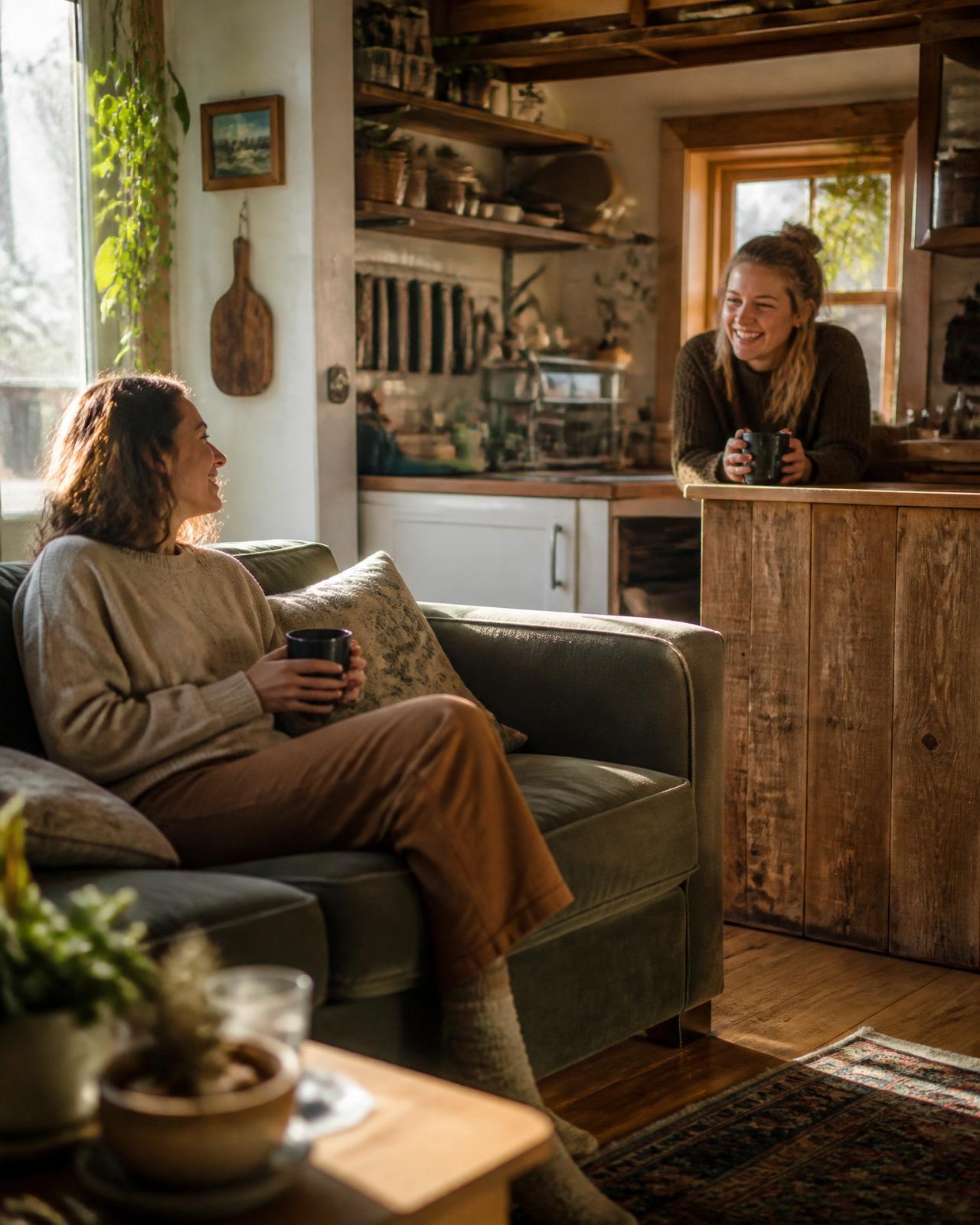 Two roommates relaxing and laughing in their resident apartment