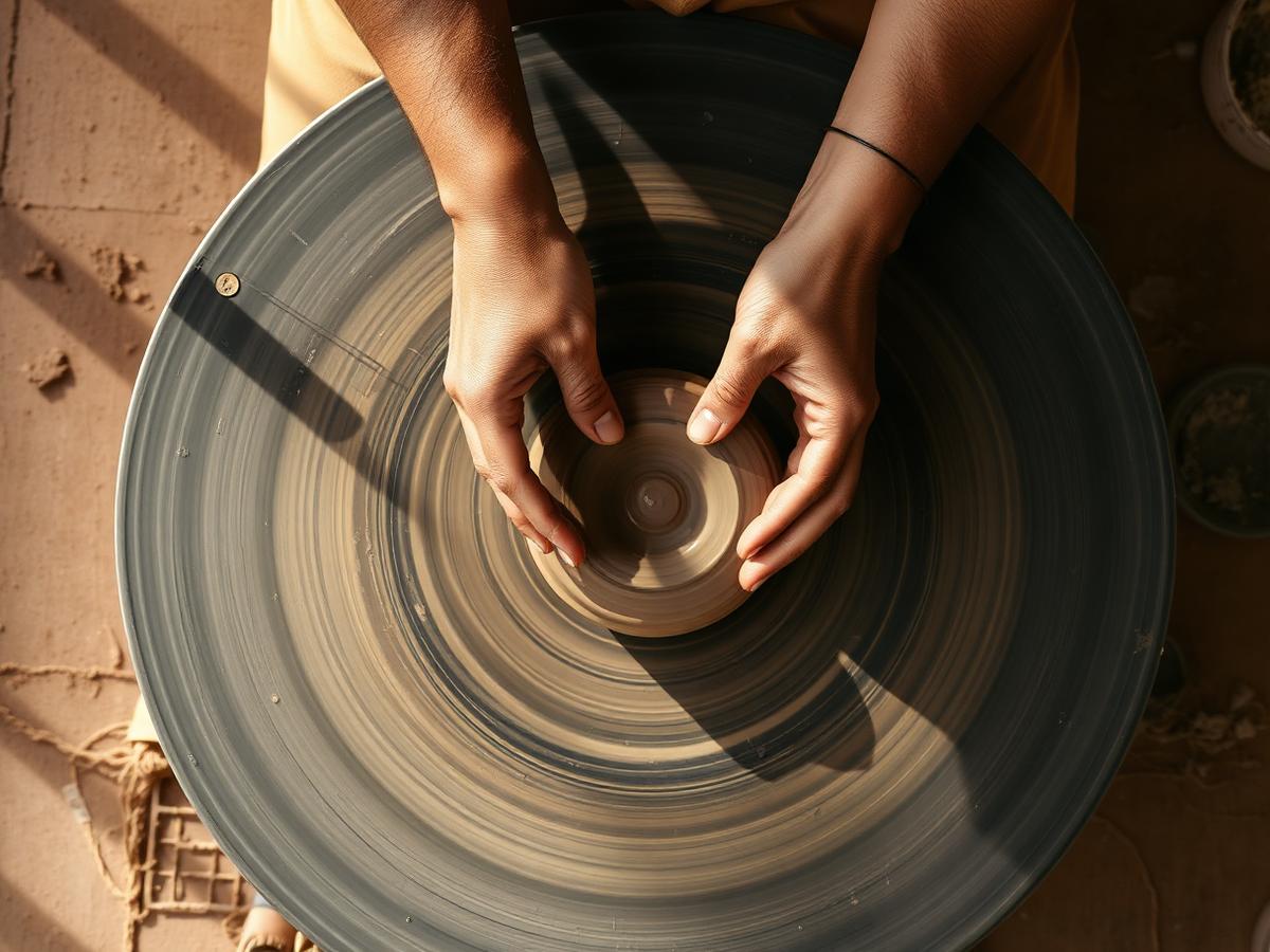 Hands at a pottery wheel