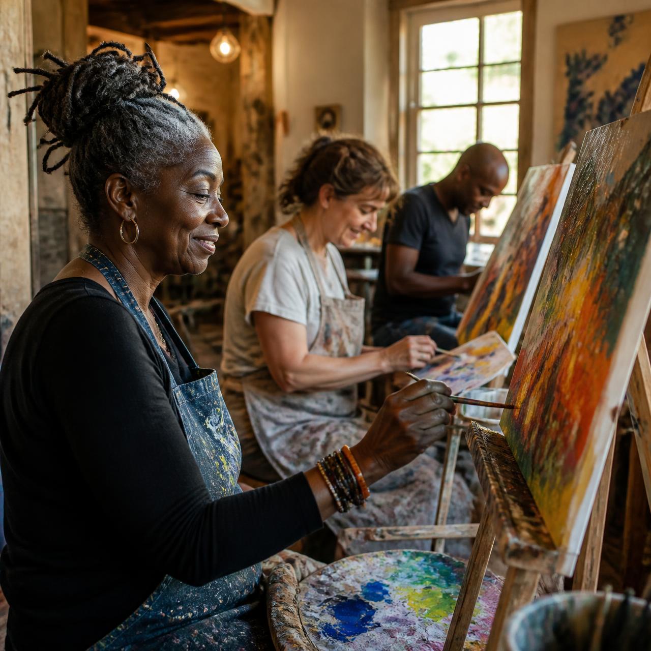Residents painting together in the community art room